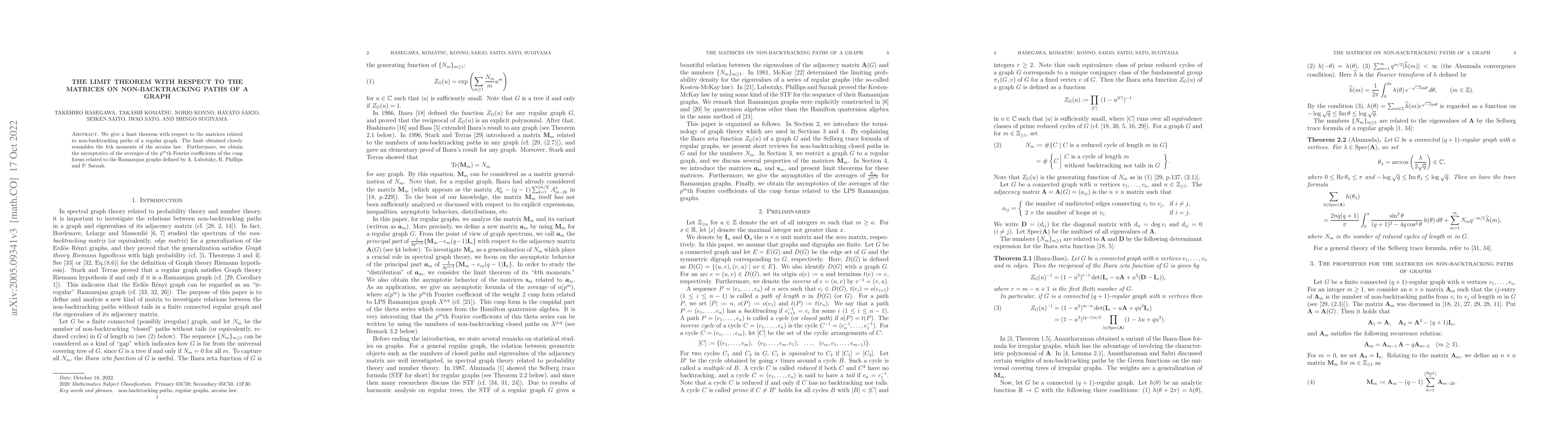 Thumbnail for The limit theorem with respect to the matrices on non-backtracking paths
  of a graph