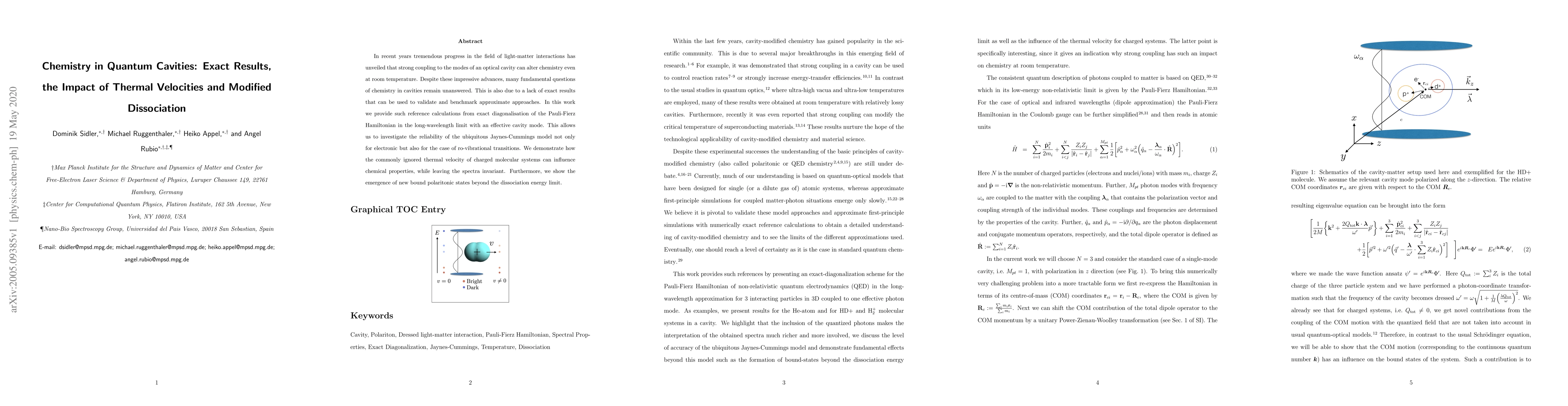 Thumbnail for Chemistry in Quantum Cavities: Exact Results, the Impact of Thermal
  Velocities and Modified Dissociation