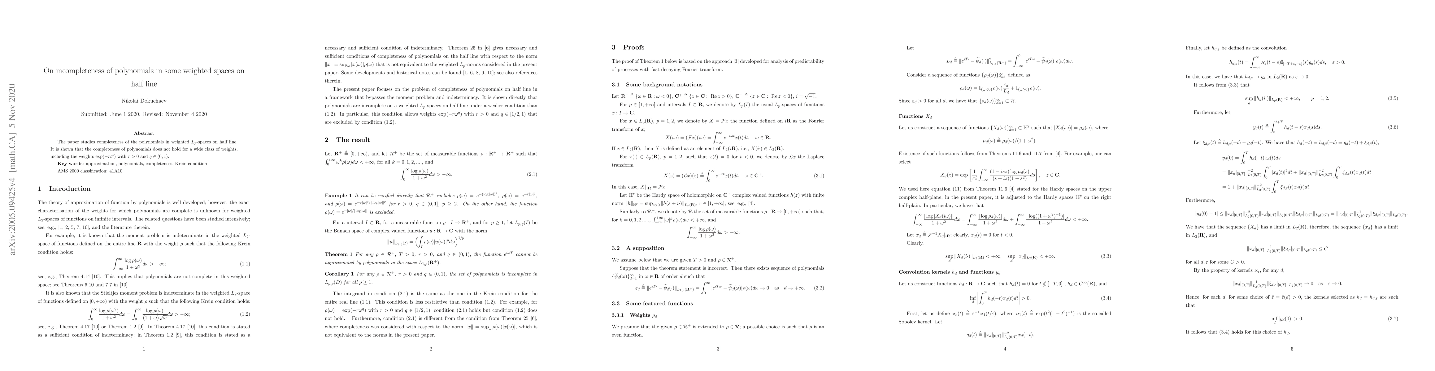 Thumbnail for On incompleteness of polynomials in some weighted spaces on half line