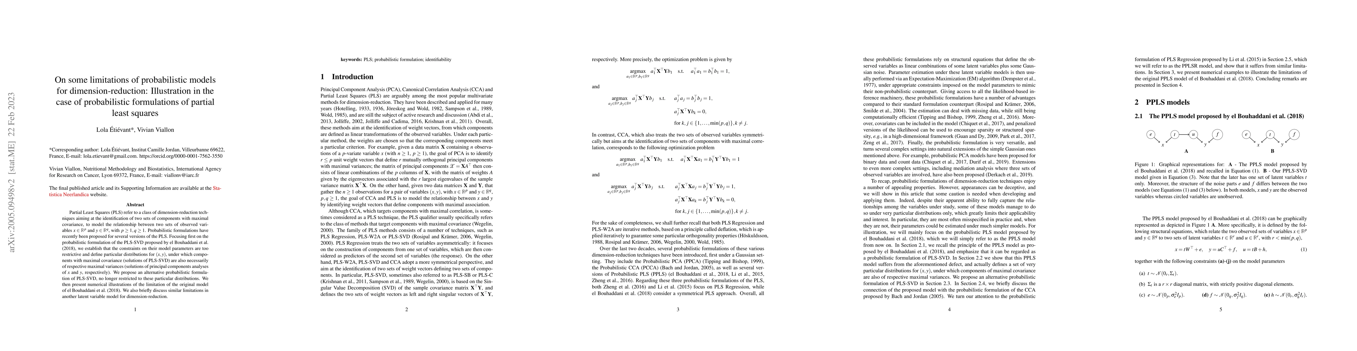 Thumbnail for On some limitations of probabilistic models for dimension-reduction:
  Illustration in the case of probabilistic formulations of partial least
  squares