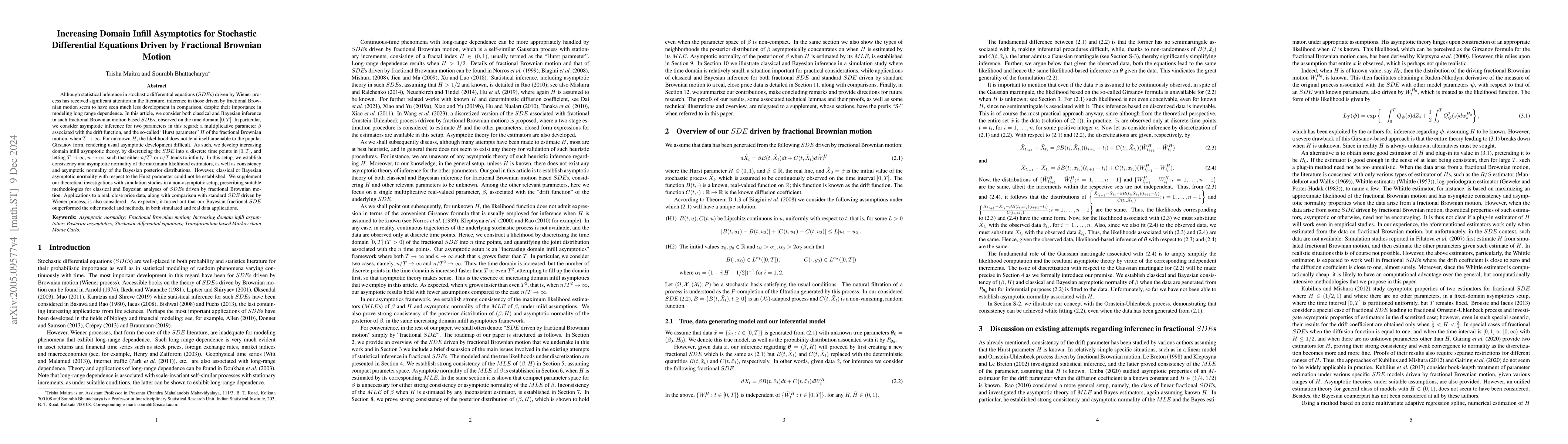 Thumbnail for Increasing Domain Infill Asymptotics for Stochastic Differential
  Equations Driven by Fractional Brownian Motion