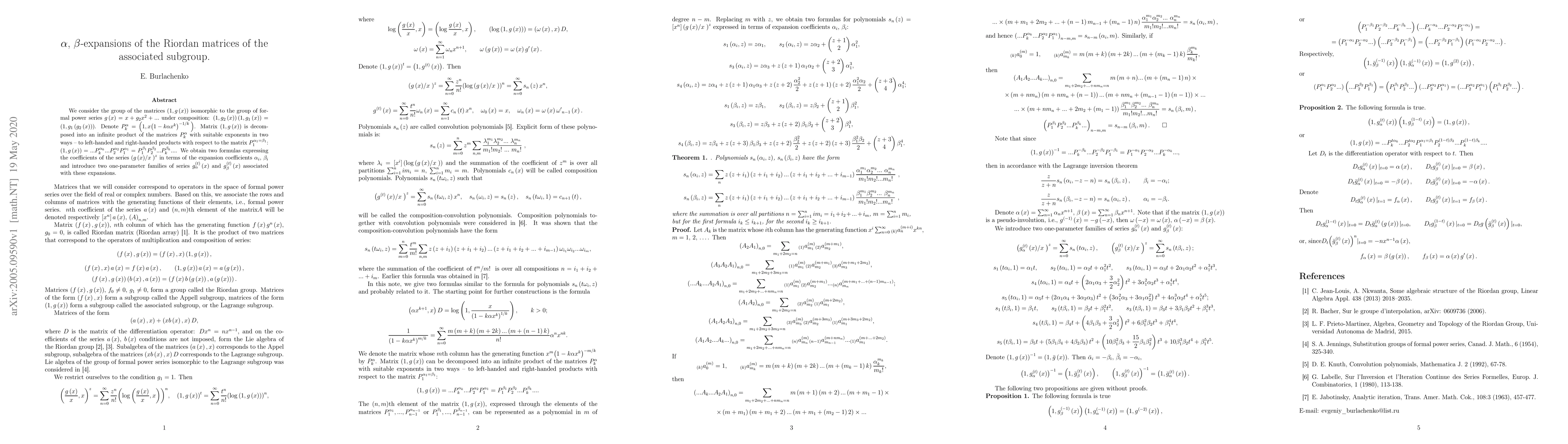 Thumbnail for $\alpha$, $\beta$-expansions of the Riordan matrices of the associated
  subgroup