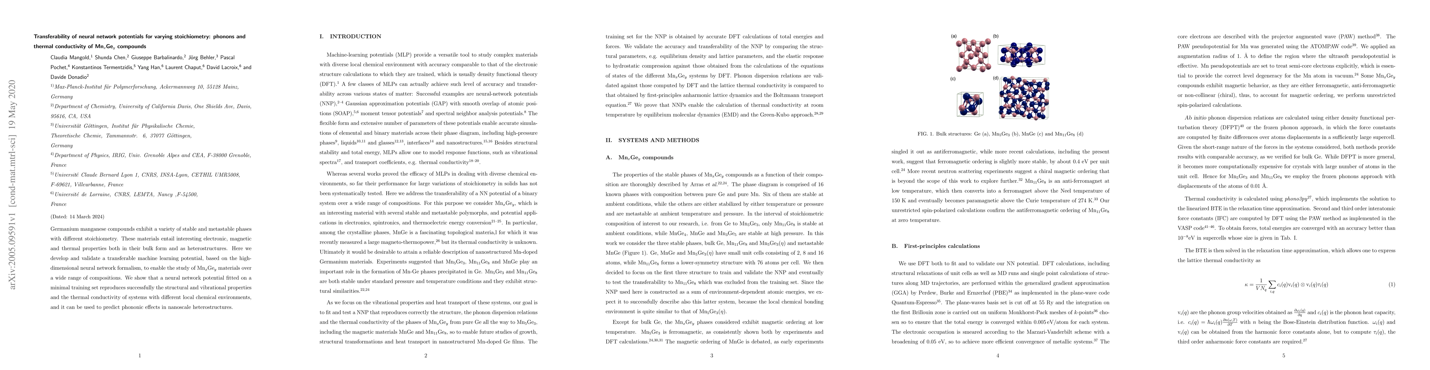 Thumbnail for Transferability of neural network potentials for varying stoichiometry:
  phonons and thermal conductivity of Mn$_x$Ge$_y$ compounds