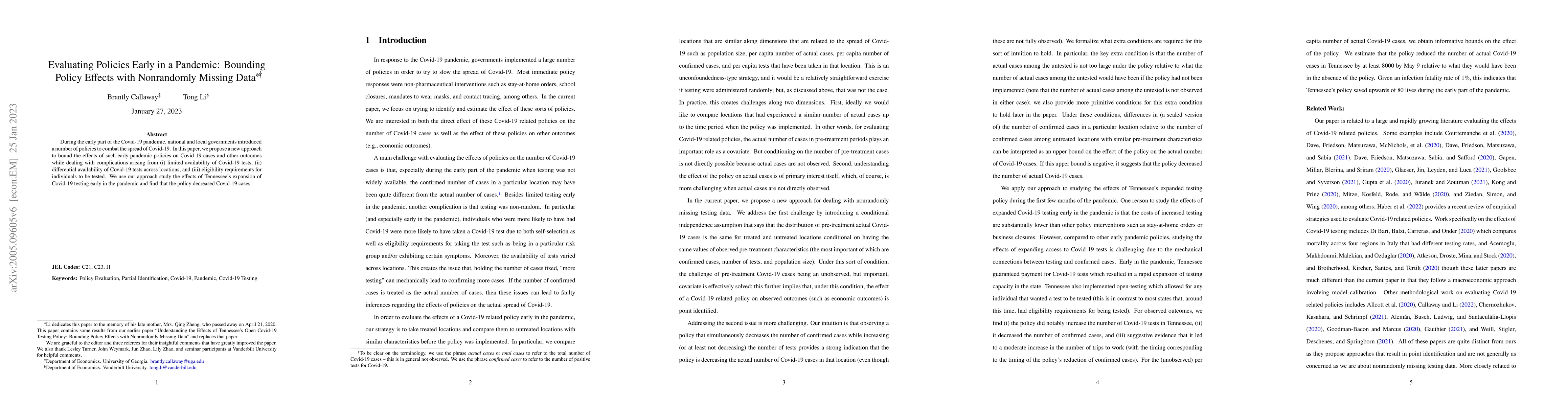 Thumbnail for Evaluating Policies Early in a Pandemic: Bounding Policy Effects with
  Nonrandomly Missing Data