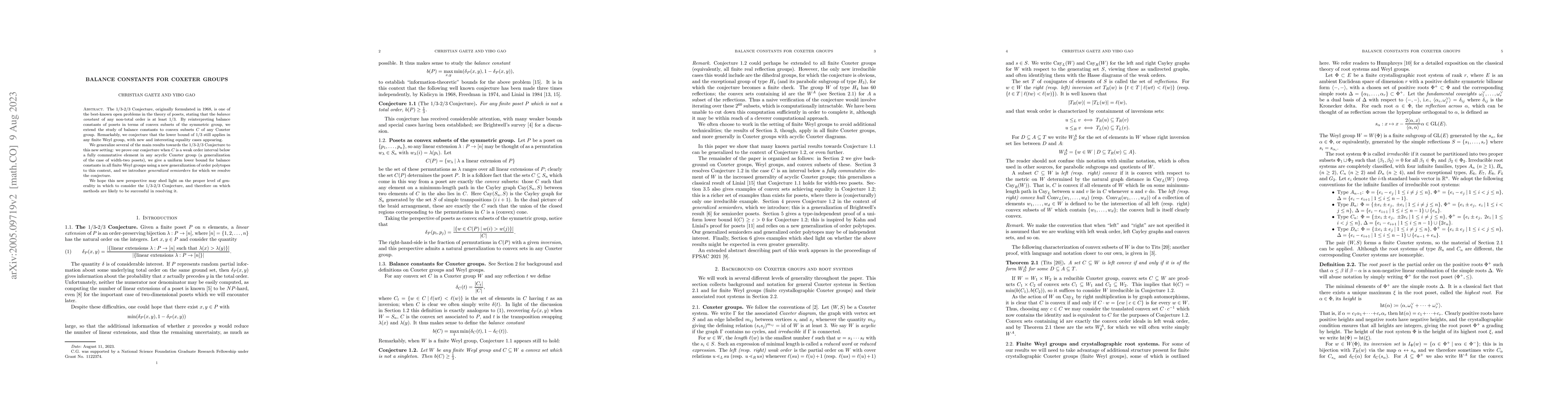 Thumbnail for Balance constants for Coxeter groups