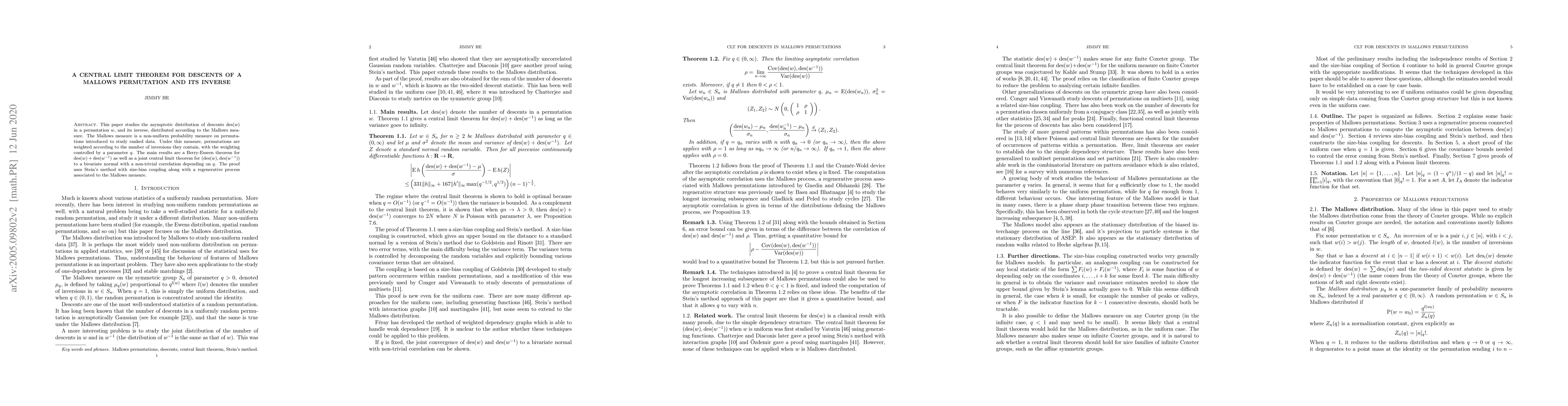 Thumbnail for A central limit theorem for descents of a Mallows permutation and its
  inverse