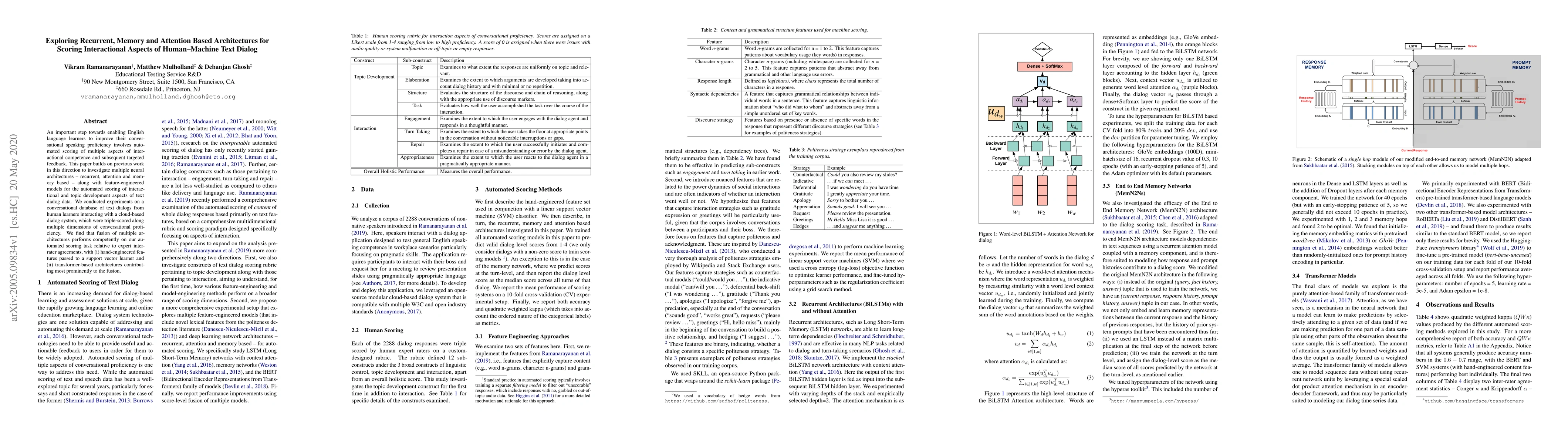 Thumbnail for Exploring Recurrent, Memory and Attention Based Architectures for
  Scoring Interactional Aspects of Human-Machine Text Dialog