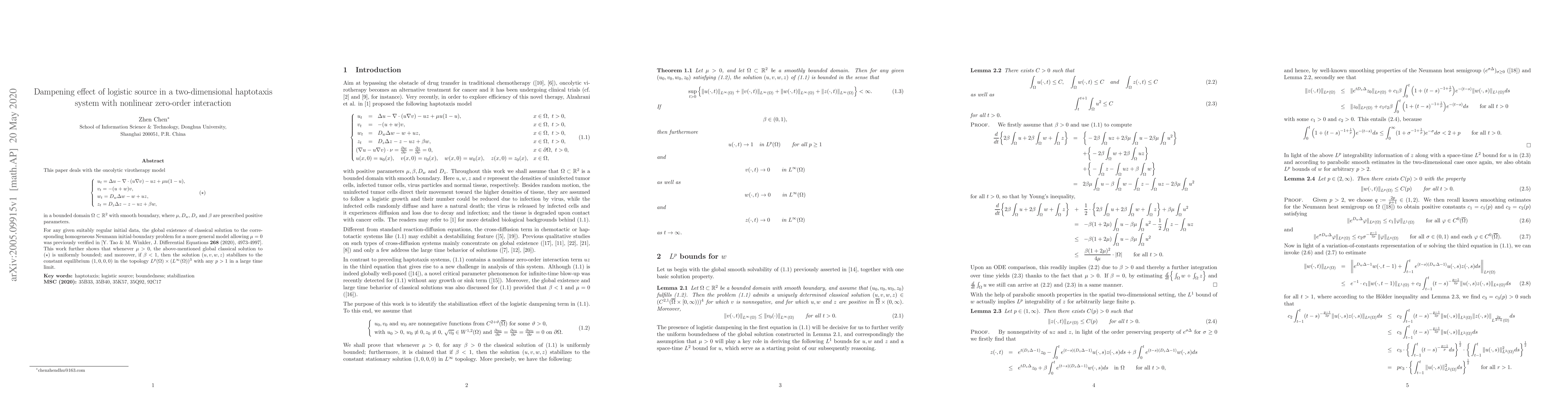 Thumbnail for Dampening effect of logistic source in a two-dimensional haptotaxis
  system with nonlinear zero-order interaction