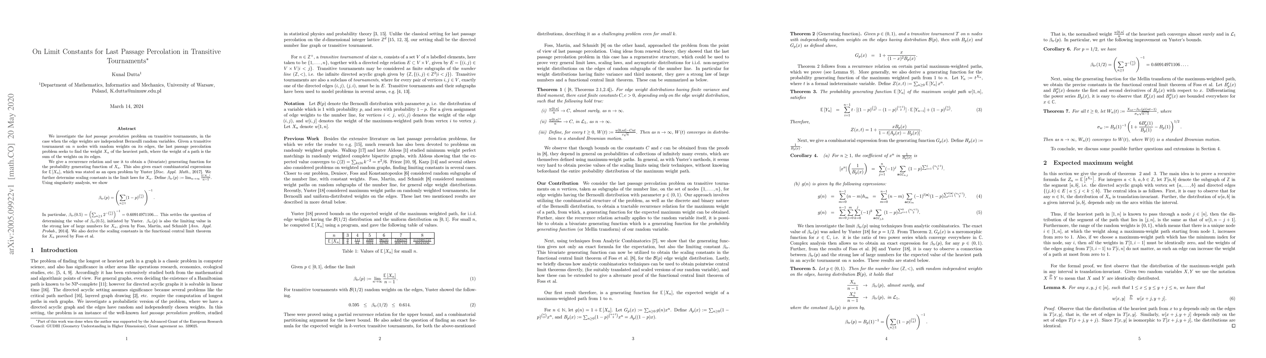 Thumbnail for On Limit Constants in Last Passage Percolation in Transitive Tournaments