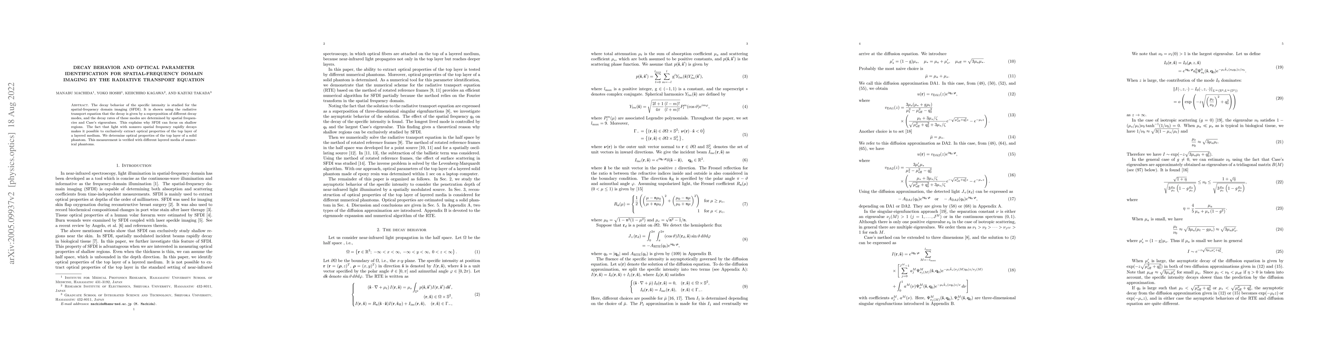 Thumbnail for Decay behavior and optical parameter identification for
  spatial-frequency domain imaging by the radiative transport equation