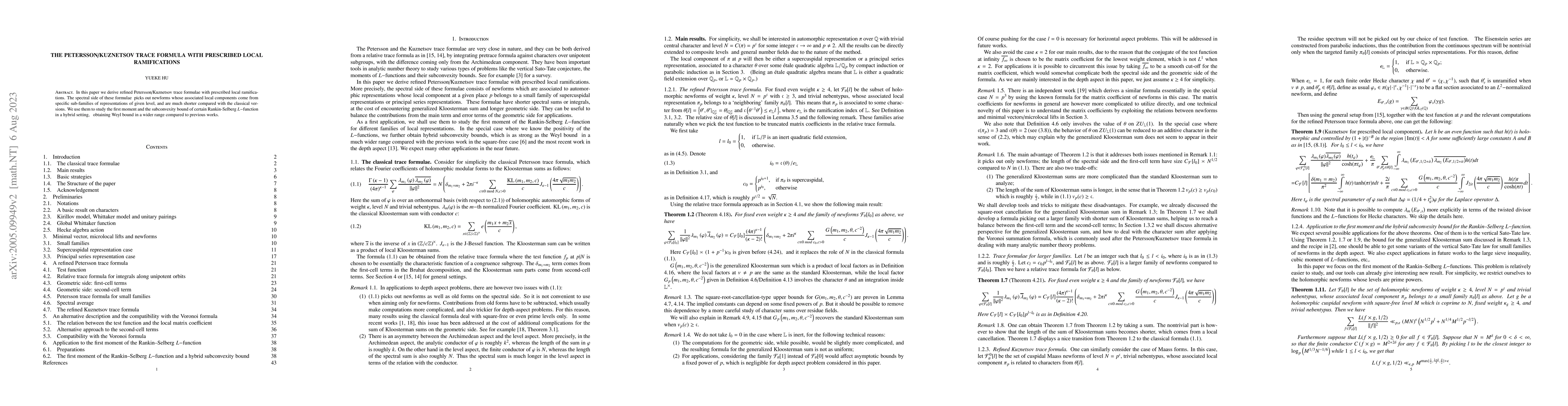 Thumbnail for The Petersson/Kuznetsov trace formula with prescribed local
  ramifications