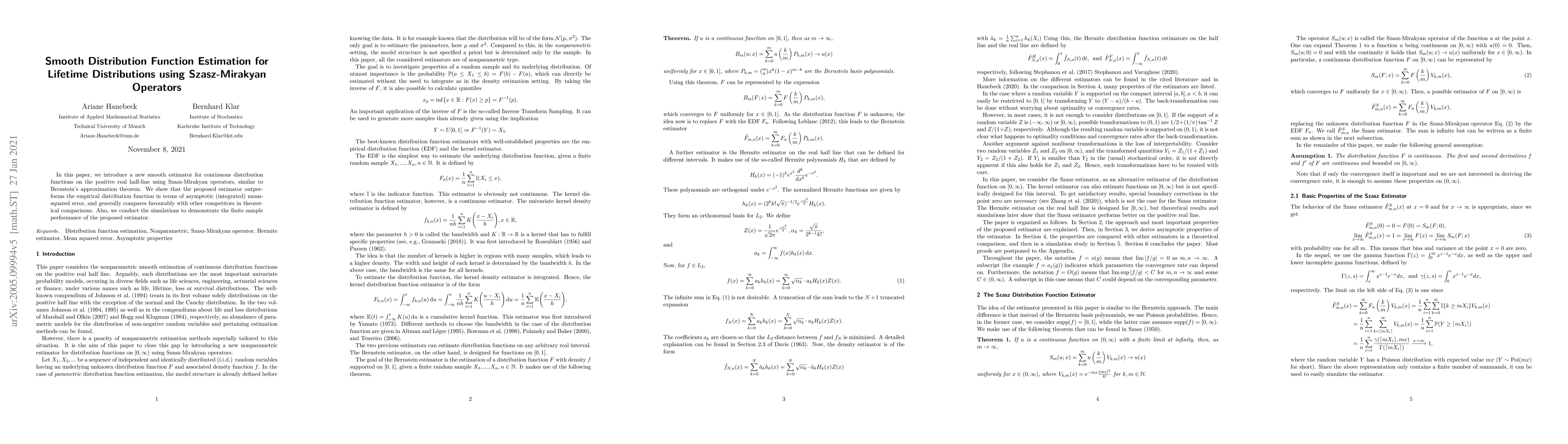 Thumbnail for Smooth Distribution Function Estimation for Lifetime Distributions using
  Szasz-Mirakyan Operators