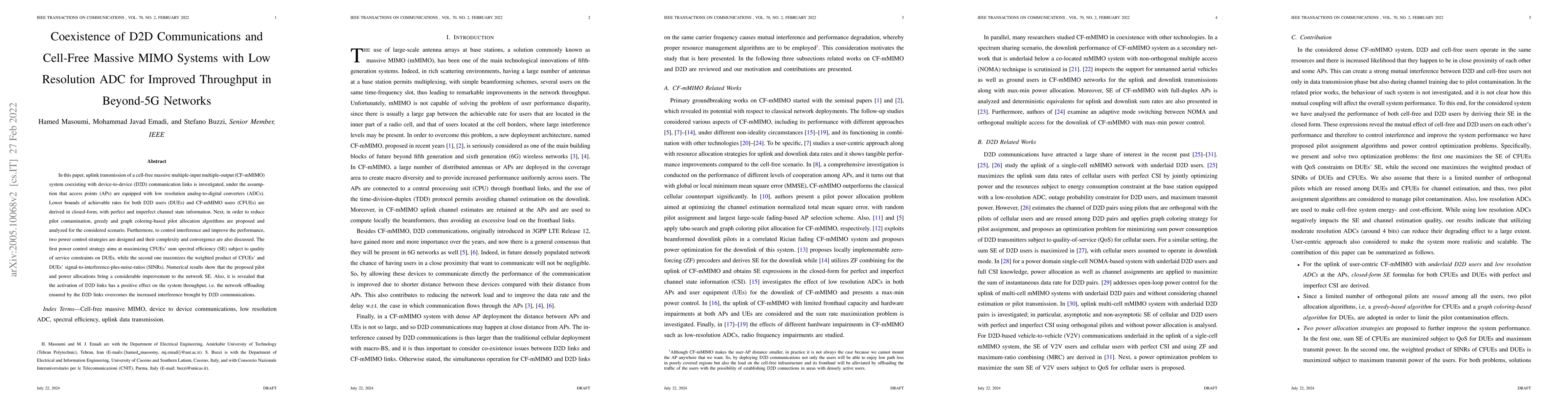 Thumbnail for Coexistence of D2D Communications and Cell-Free Massive MIMO Systems
  With Low Resolution ADC for Improved Throughput in Beyond-5G Networks
