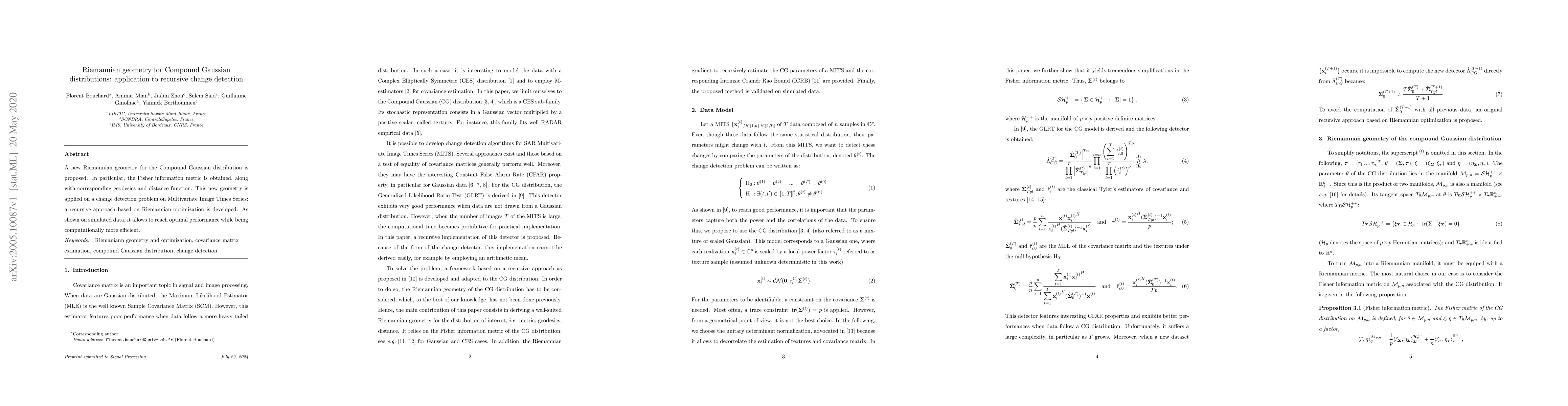Thumbnail for Riemannian geometry for Compound Gaussian distributions: application to
  recursive change detection