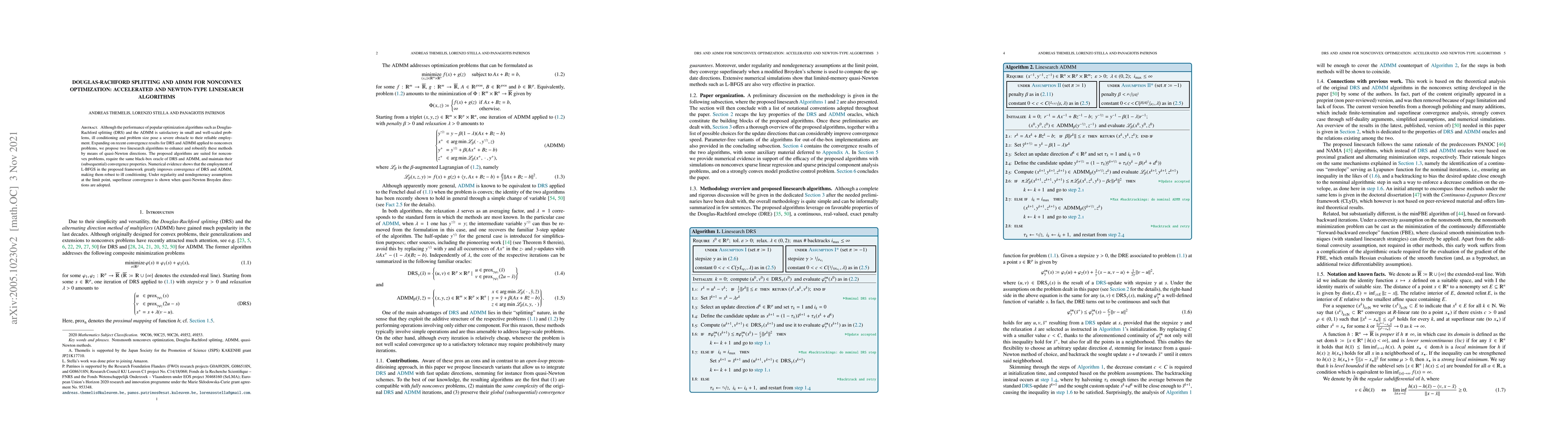 Thumbnail for Douglas-Rachford splitting and ADMM for nonconvex optimization:
  Accelerated and Newton-type linesearch algorithms