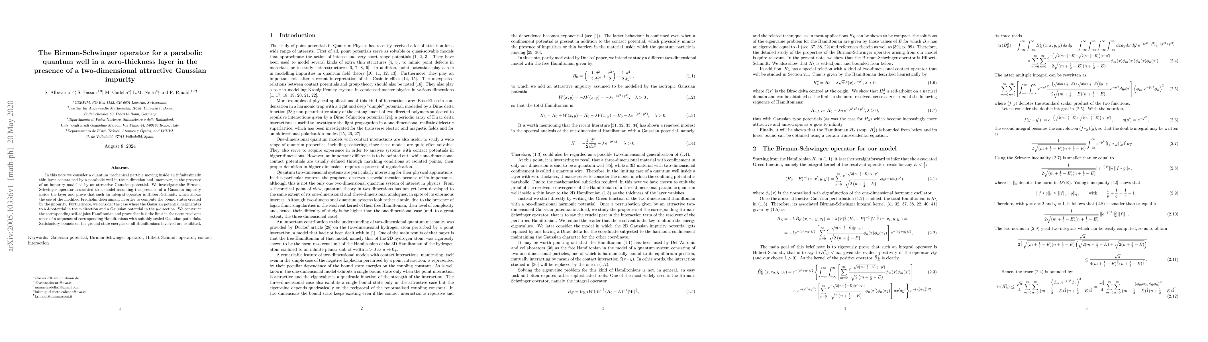 Thumbnail for The Birman-Schwinger Operator for a Parabolic Quantum Well in a
  Zero-Thickness Layer in the Presence of a Two-Dimensional Attractive Gaussian
  Impurity