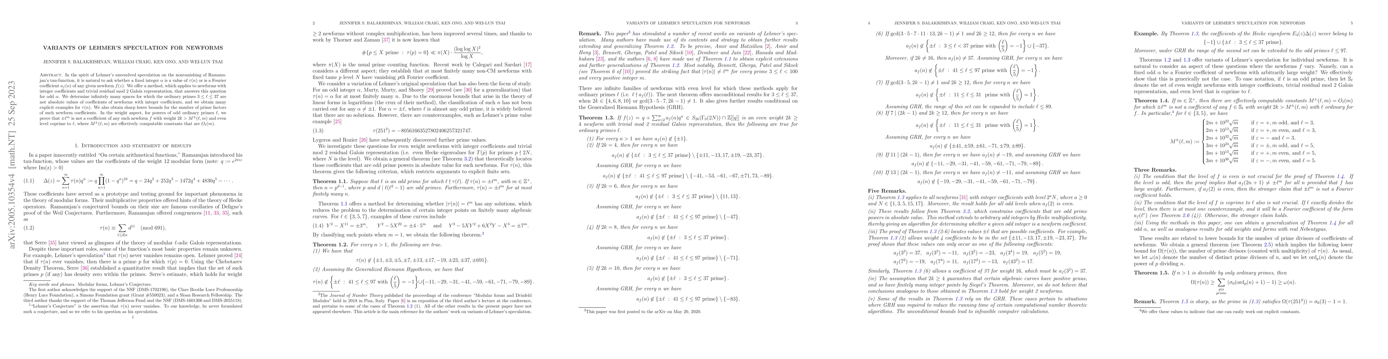 Thumbnail for Variants of Lehmer's speculation for newforms