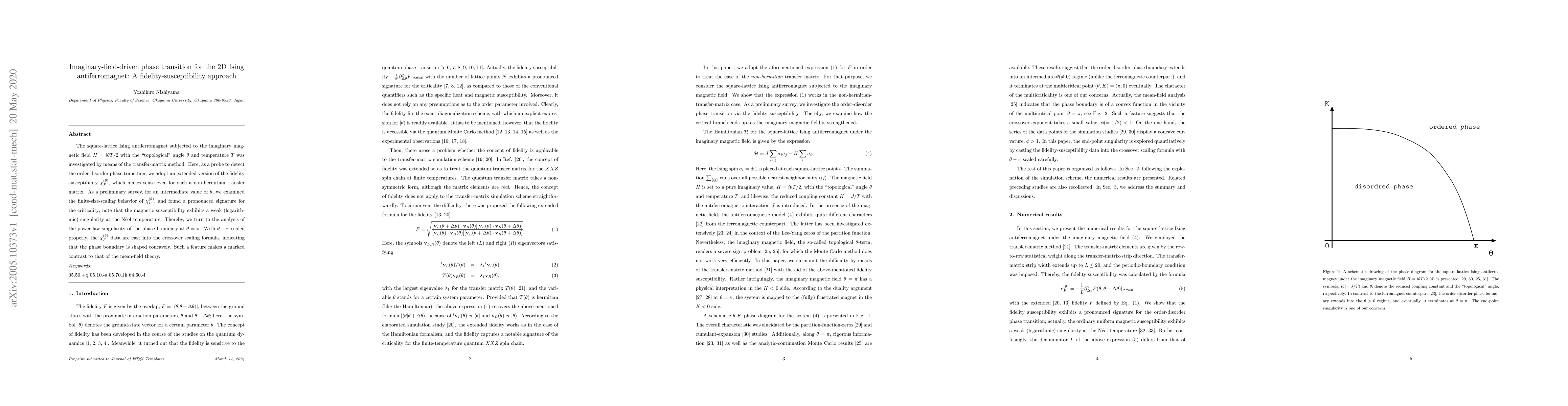 Thumbnail for Imaginary-field-driven phase transition for the $2$D Ising
  antiferromagnet: A fidelity-susceptibility approach