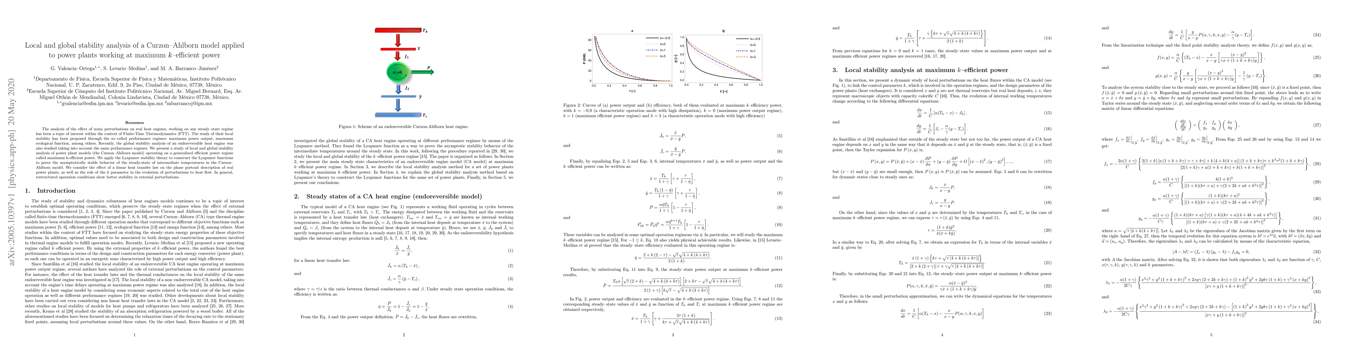 Thumbnail for Local and global stability analysis of a Curzon-Ahlborn model applied to
  power plants working at maximum $k$-efficient power