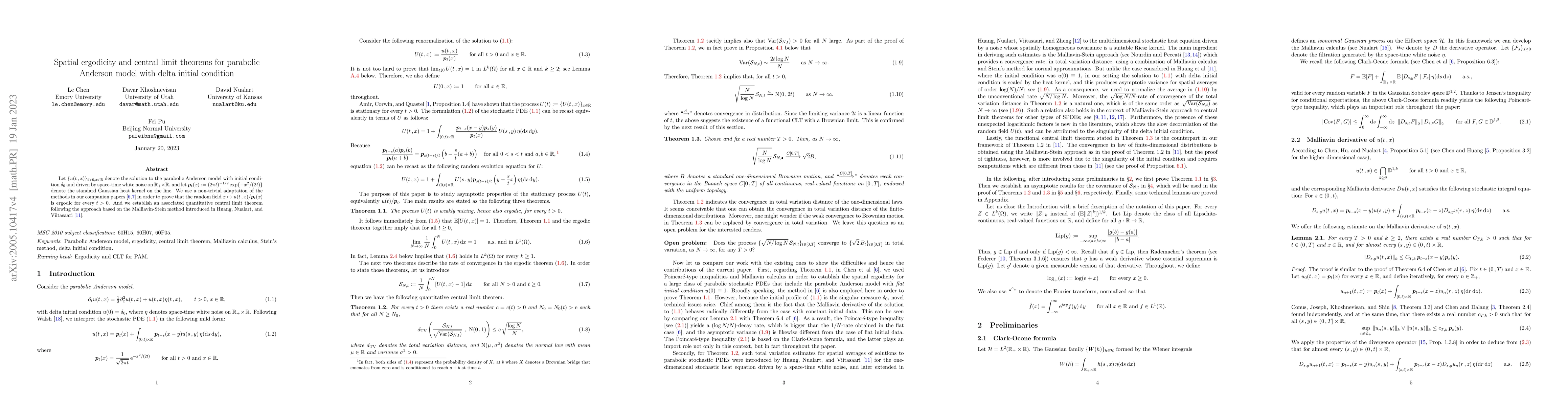 Thumbnail for Spatial ergodicity and central limit theorems for parabolic Anderson
  model with delta initial condition