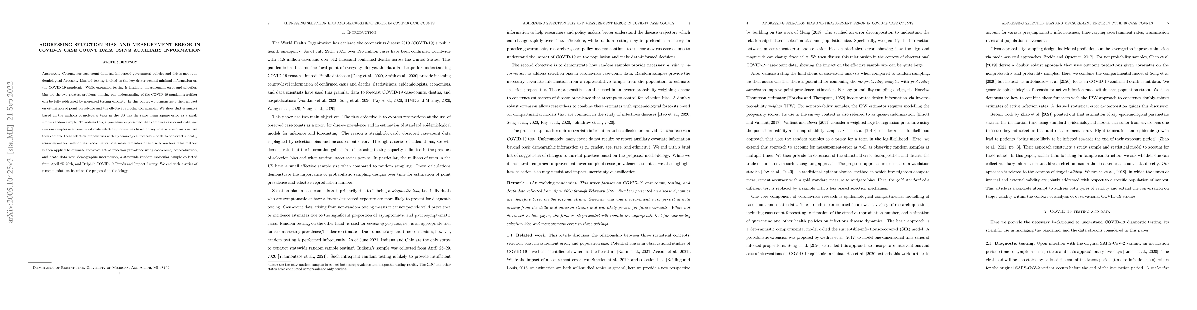 Thumbnail for Addressing selection bias and measurement error in COVID-19 case count
  data using auxiliary information