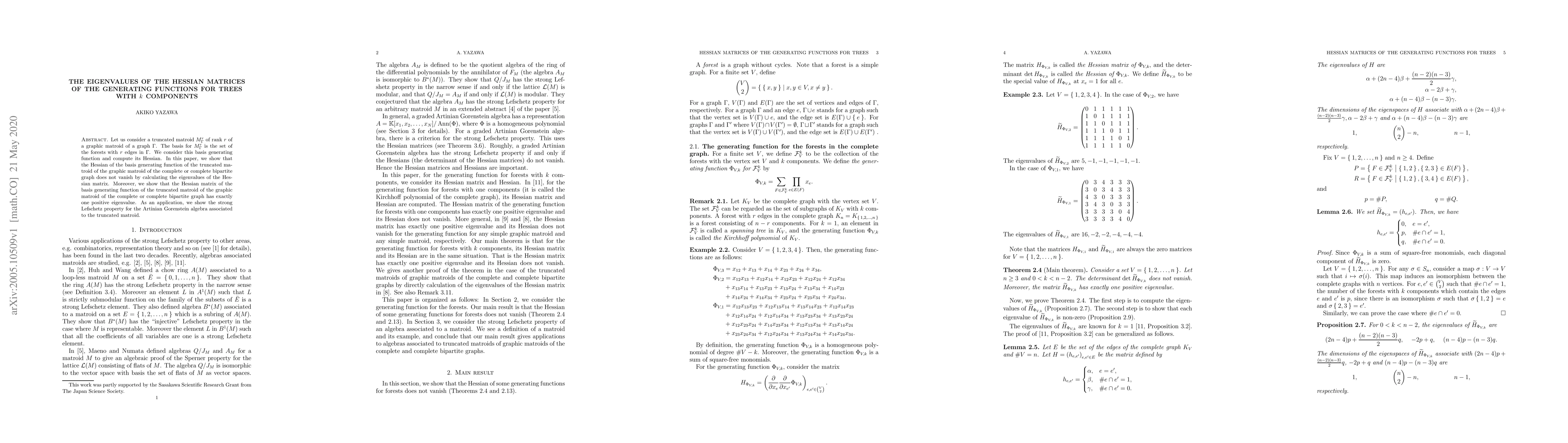 Thumbnail for The eigenvalues of the Hessian matrices of the generating functions for
  trees with $k$ components