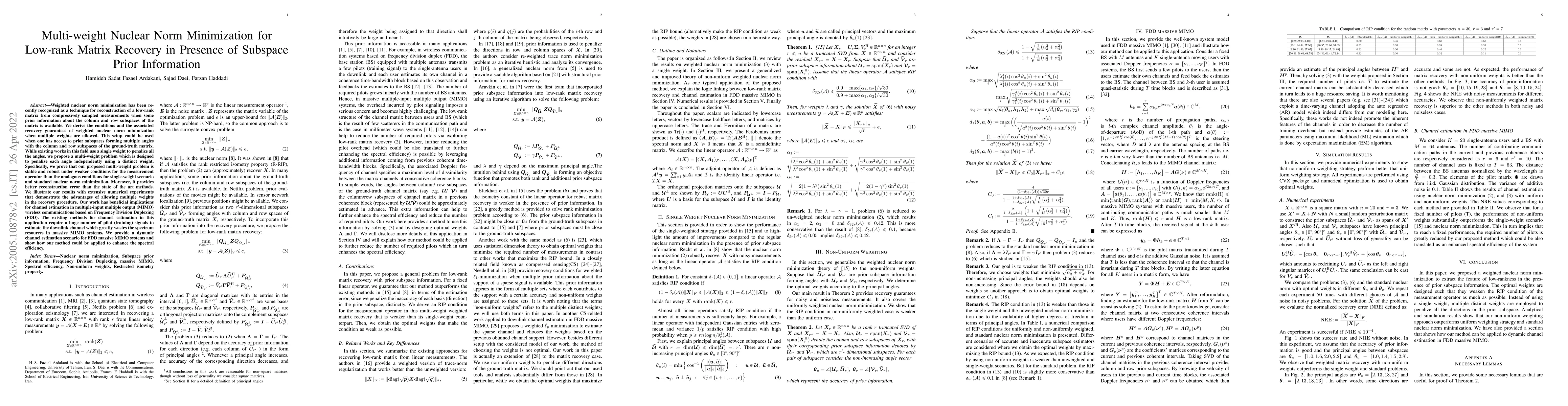 Thumbnail for Multi-weight Nuclear Norm Minimization for Low-rank Matrix Recovery in
  Presence of Subspace Prior Information