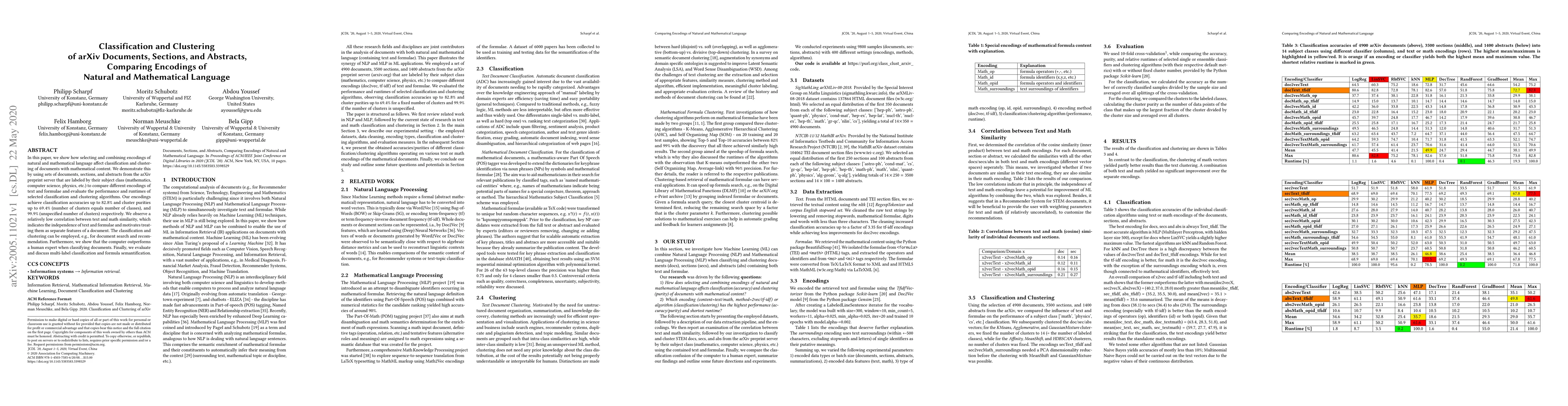 Thumbnail for Classification and Clustering of arXiv Documents, Sections, and
  Abstracts, Comparing Encodings of Natural and Mathematical Language