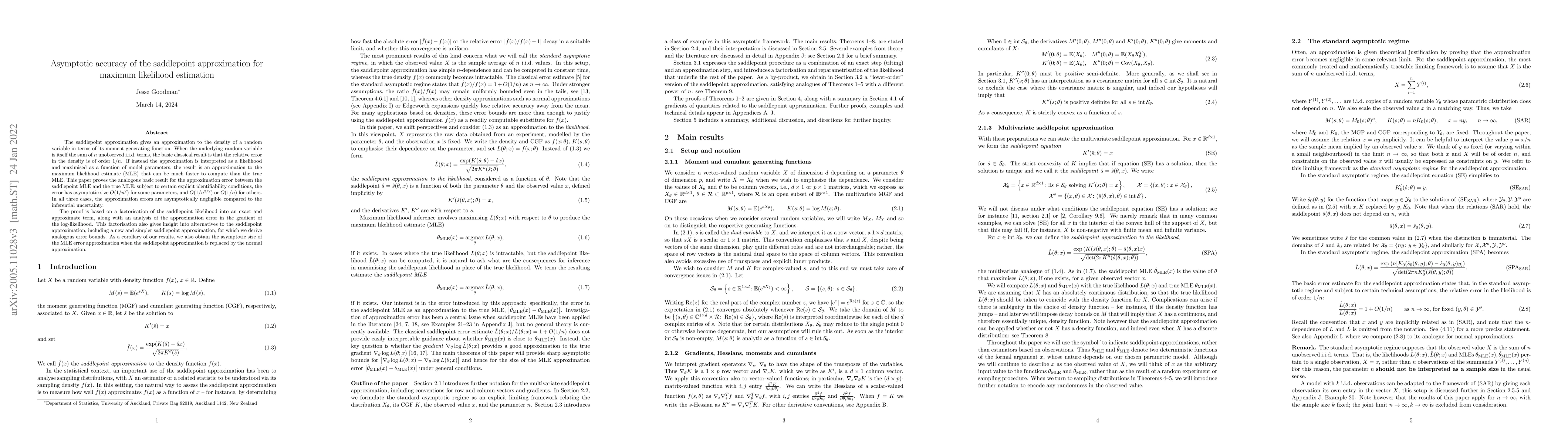 Thumbnail for Asymptotic accuracy of the saddlepoint approximation for maximum
  likelihood estimation
