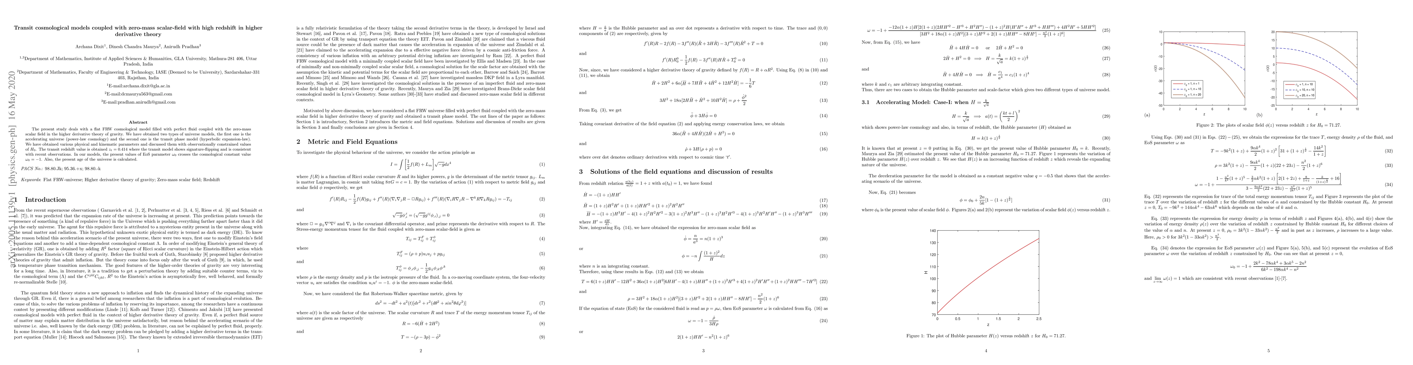 Thumbnail for Transit cosmological models coupled with zero-mass scalar-field with
  high redshift in higher derivative theory