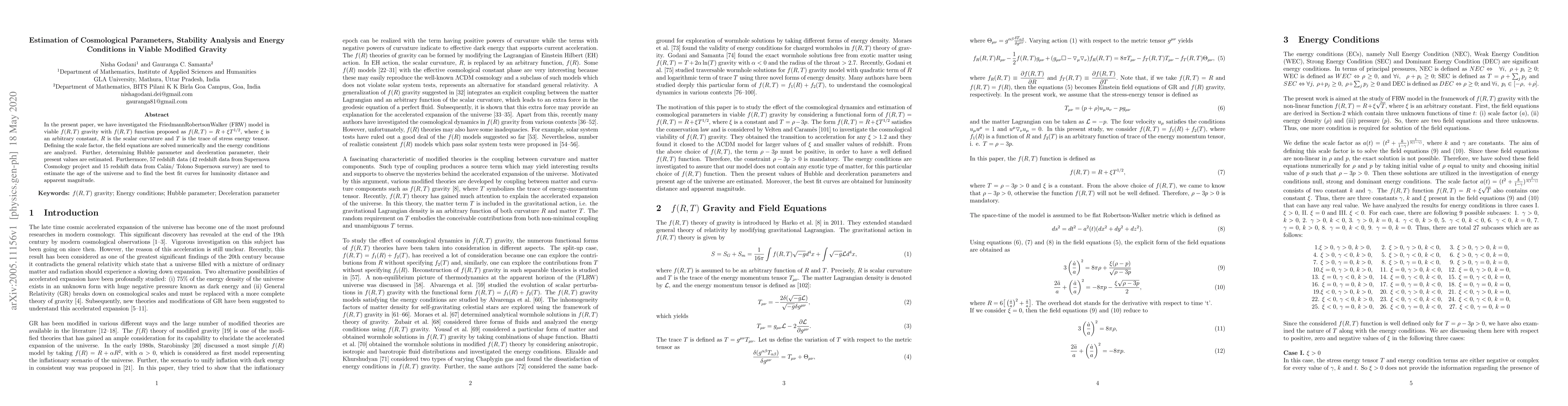 Thumbnail for Estimation of Cosmological Parameters, Stability Analysis and Energy
  Conditions in Viable Modified Gravity
