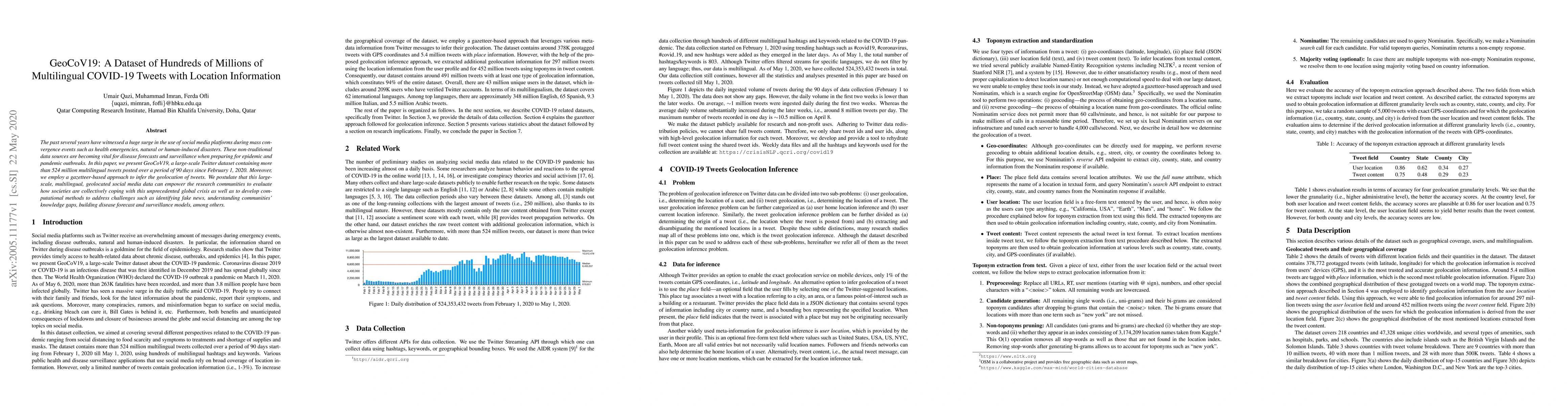 Thumbnail for GeoCoV19: A Dataset of Hundreds of Millions of Multilingual COVID-19
  Tweets with Location Information