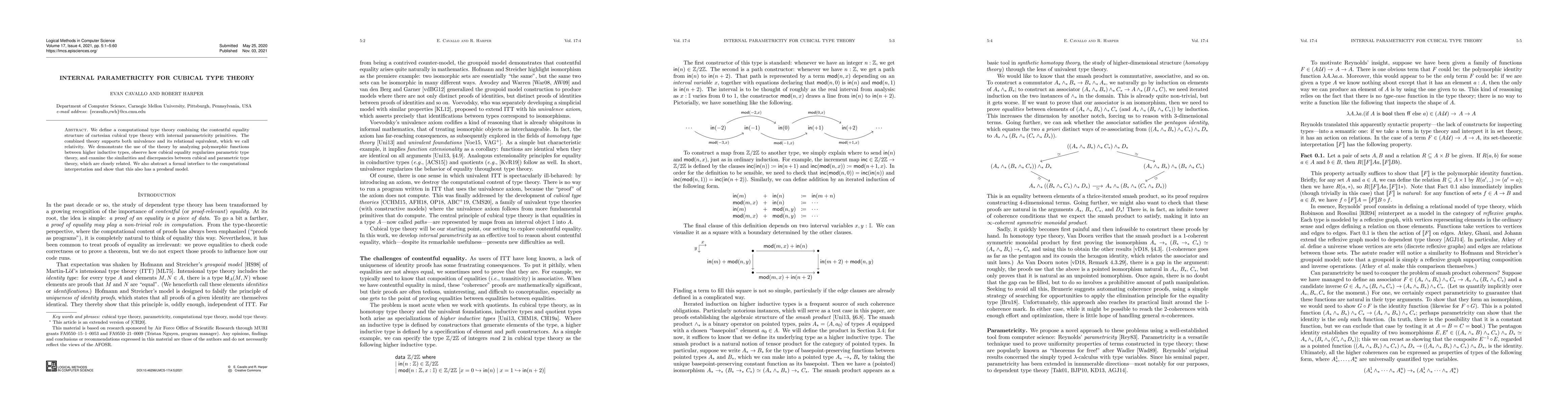 Thumbnail for Internal Parametricity for Cubical Type Theory