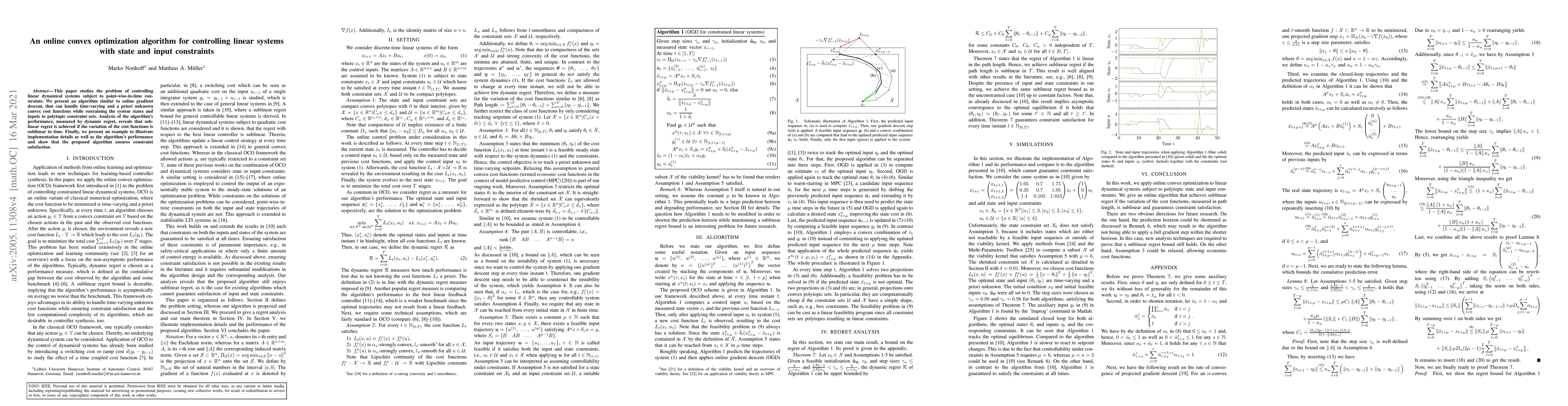 Thumbnail for An online convex optimization algorithm for controlling linear systems
  with state and input constraints