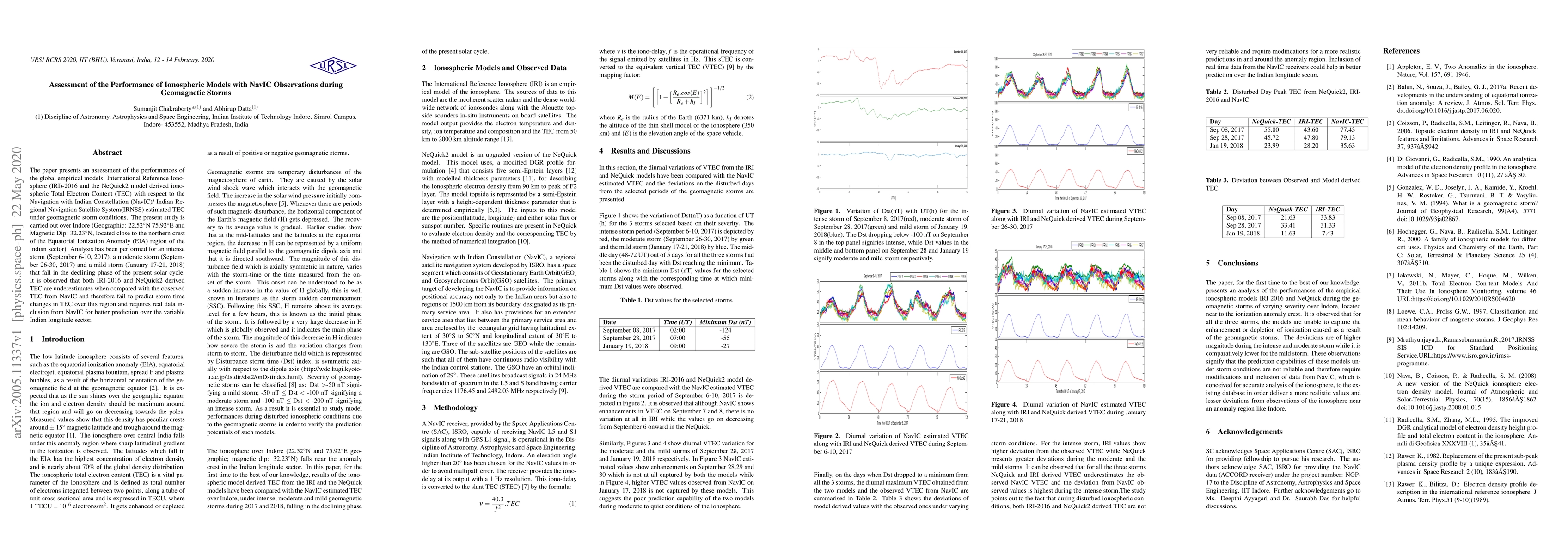 Thumbnail for Assessment of the Performance of Ionospheric Models with NavIC
  Observations during Geomagnetic Storms