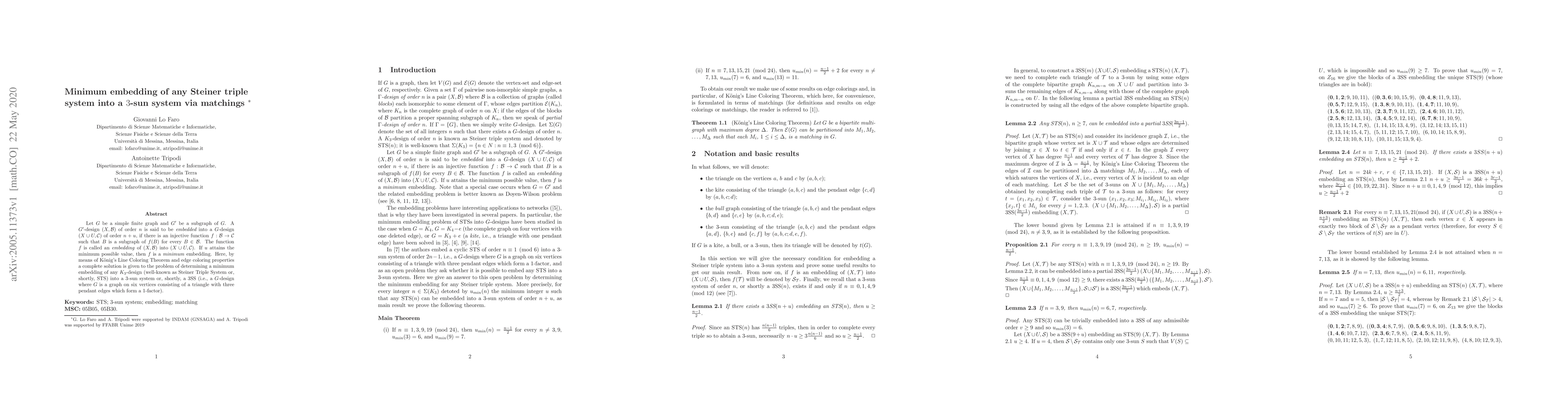 Thumbnail for Minimum embedding of any Steiner triple system into a 3-sun system via
  matchings