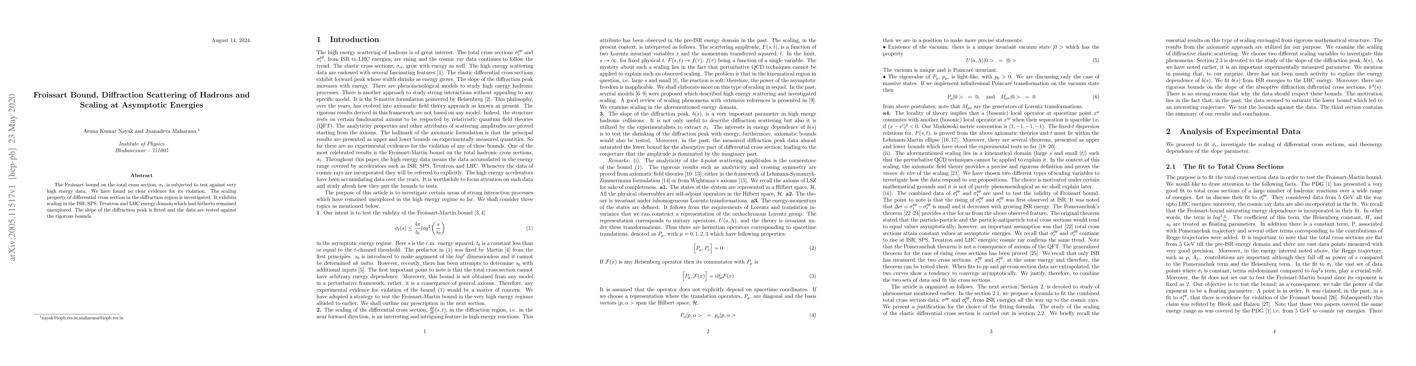 Thumbnail for Froissart Bound, Diffraction Scattering of Hadrons and Scaling at
  Asymptotic Energies
