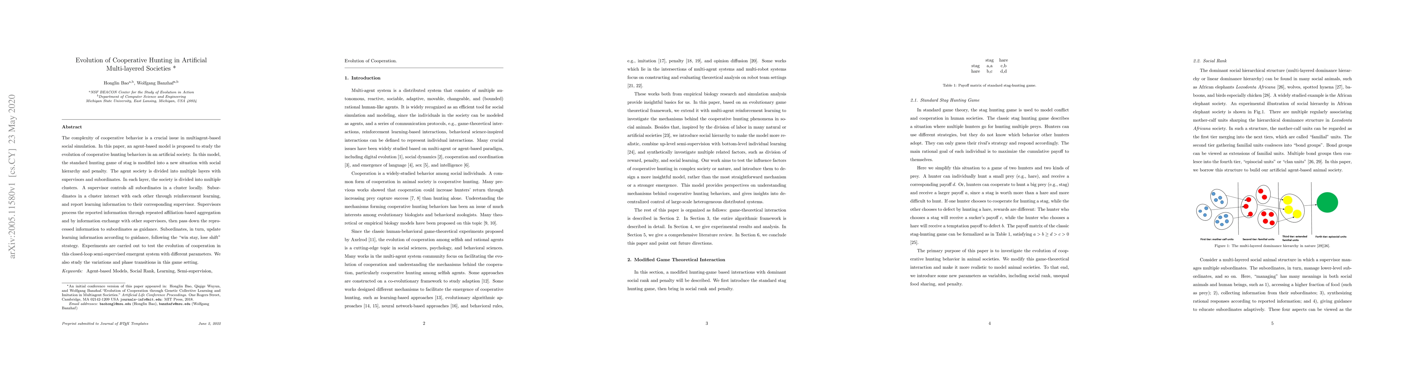 Thumbnail for Evolution of Cooperative Hunting in Artificial Multi-layered Societies