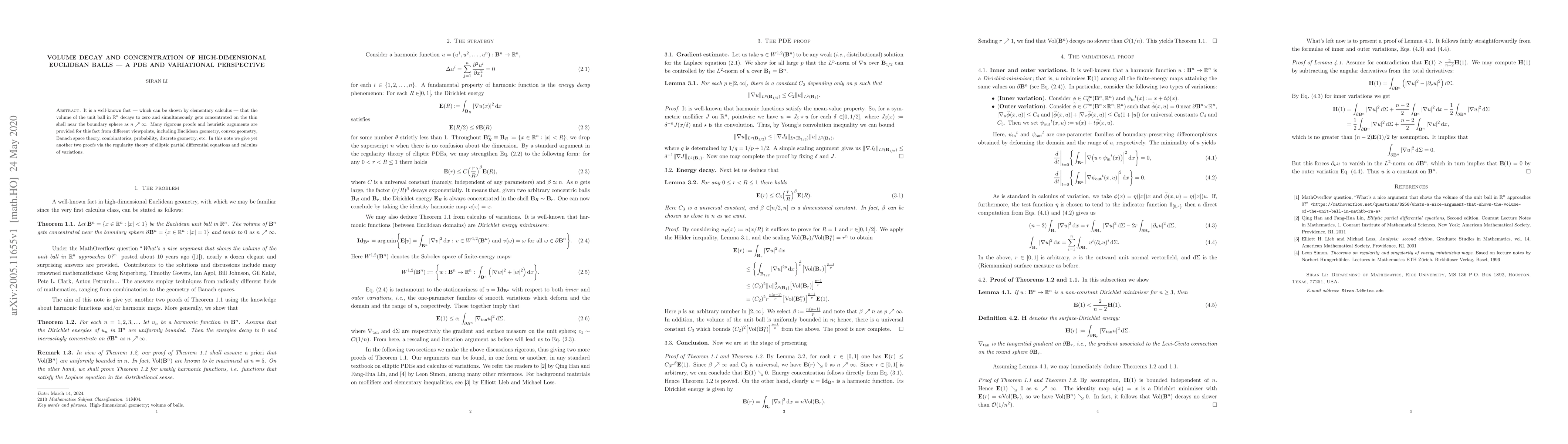Thumbnail for Volume decay and concentration of high-dimensional Euclidean balls -- a
  PDE and variational perspective