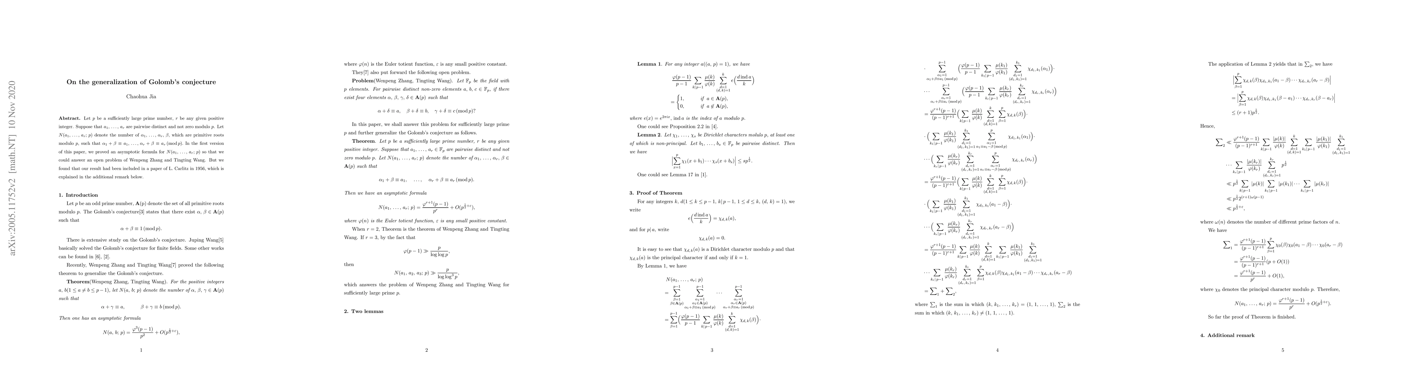 Thumbnail for On the generalization of Golomb's conjecture