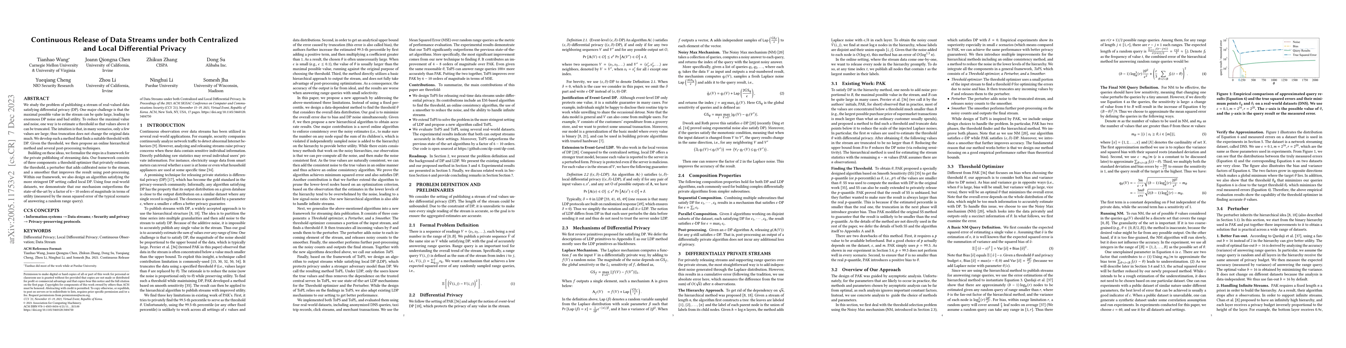 Thumbnail for Continuous Release of Data Streams under both Centralized and Local
  Differential Privacy