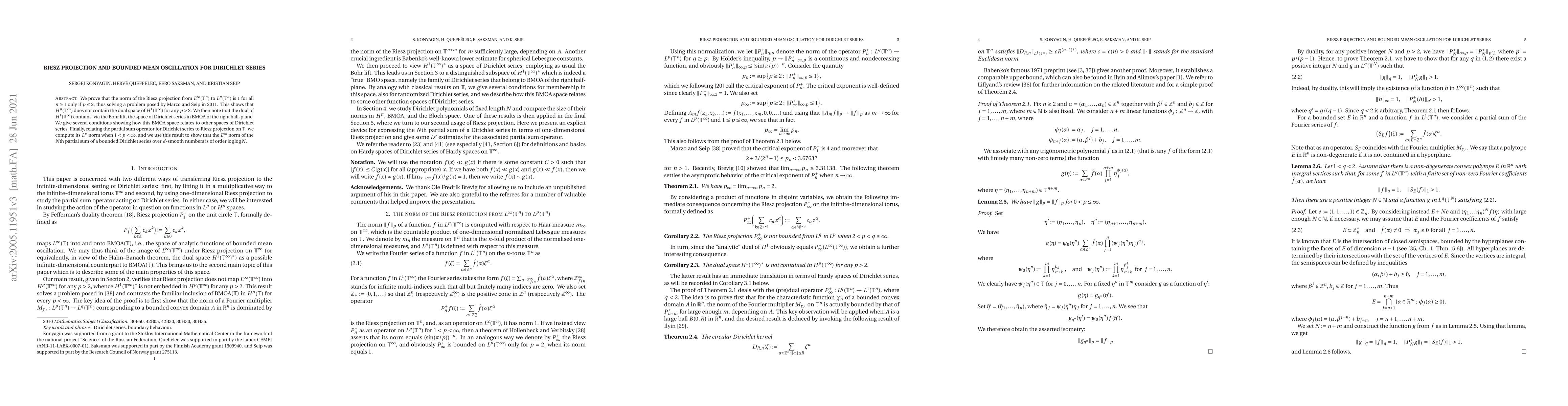 Thumbnail for Riesz projection and bounded mean oscillation for Dirichlet series