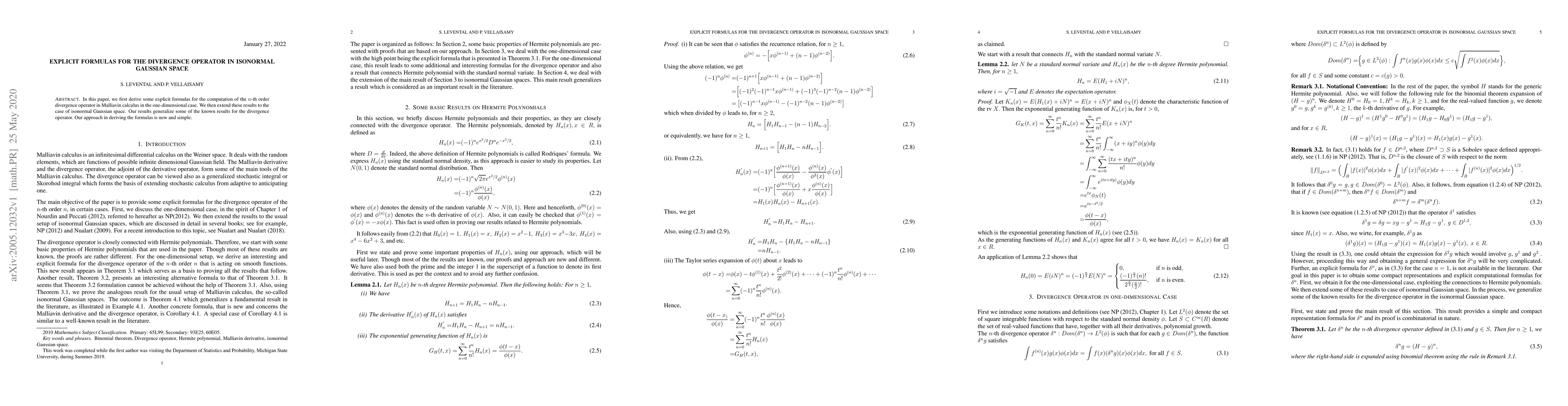 Thumbnail for Explict Formulas for the Divergence Operator in Isonormal Gaussian Space