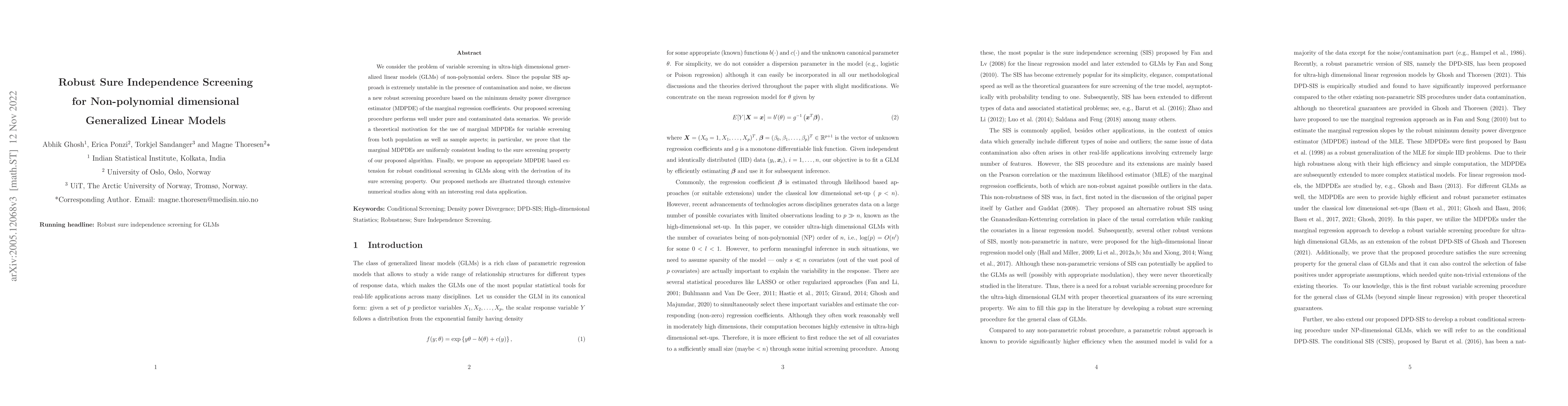 Thumbnail for Robust Sure Independence Screening for Non-polynomial dimensional
  Generalized Linear Models