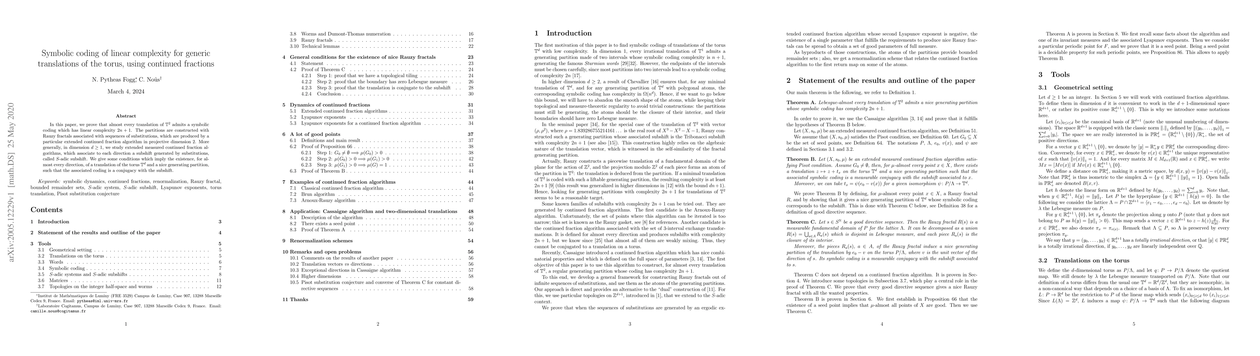 Thumbnail for Symbolic coding of linear complexity for generic translations of the
  torus, using continued fractions