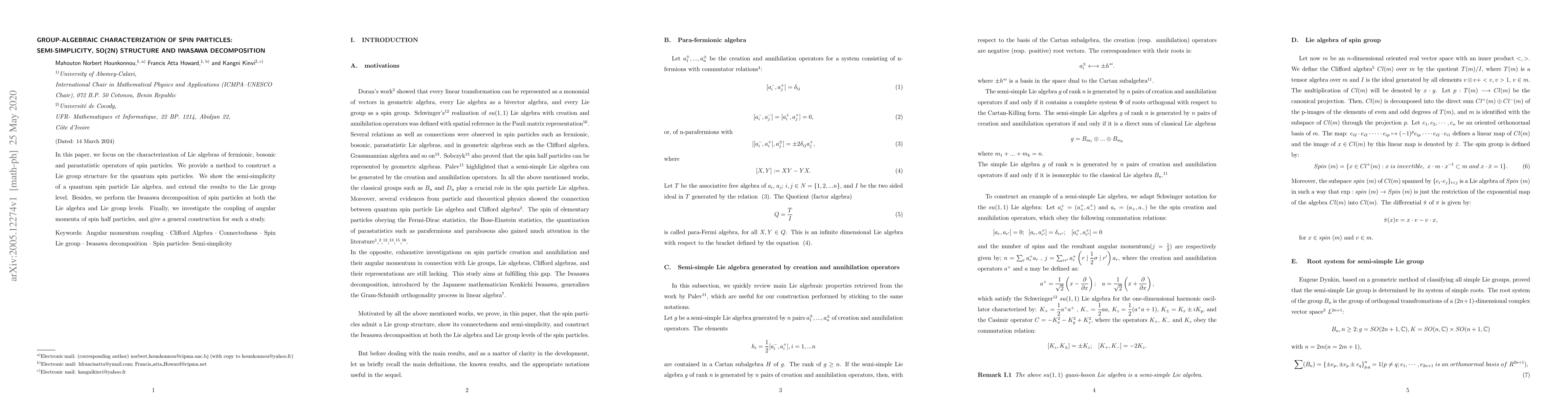 Thumbnail for Group-algebraic characterization of spin particles: semi-simplicty,
  SO(2N) structure and Iwasawa decomposition
