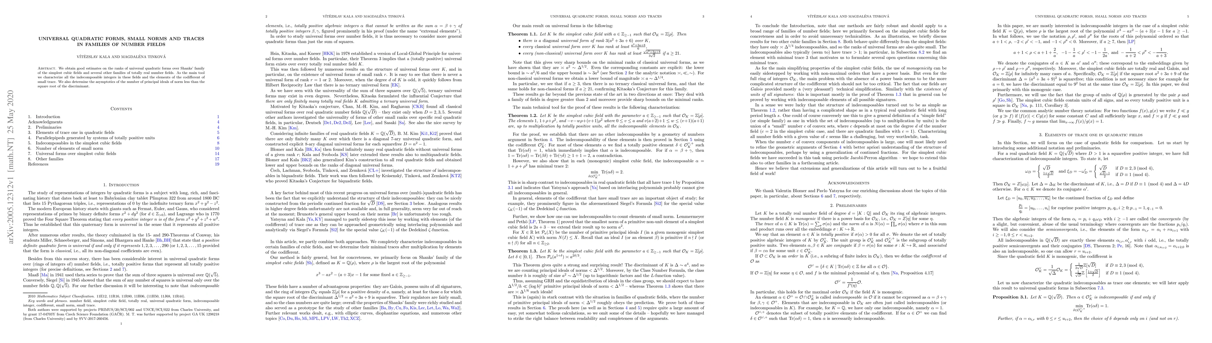 Thumbnail for Universal quadratic forms, small norms and traces in families of number
  fields