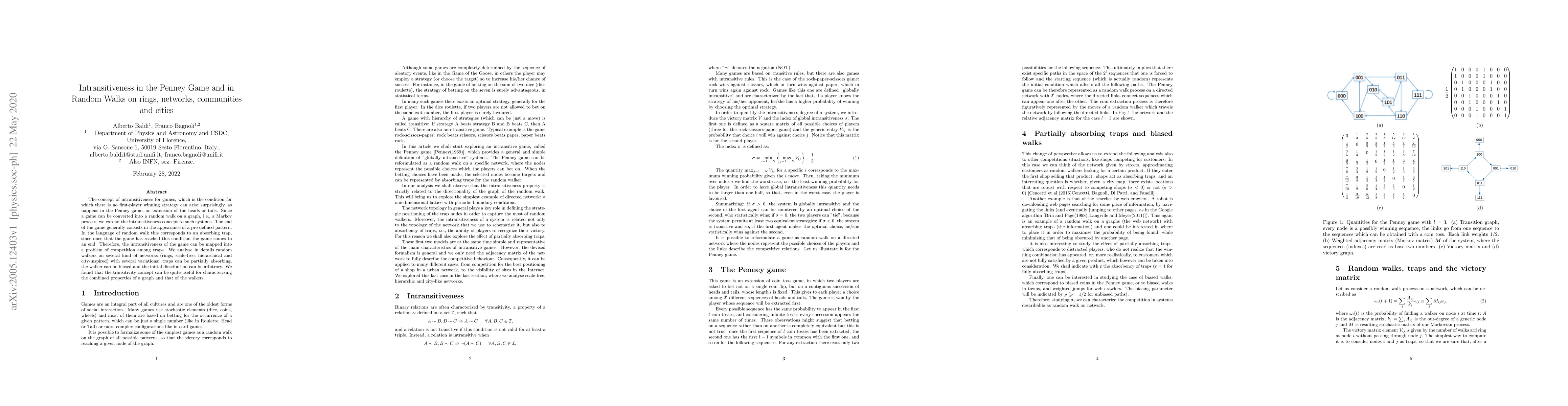 Thumbnail for Intransitiveness in the Penney Game and in Random Walks on rings,
  networks, communities and cities