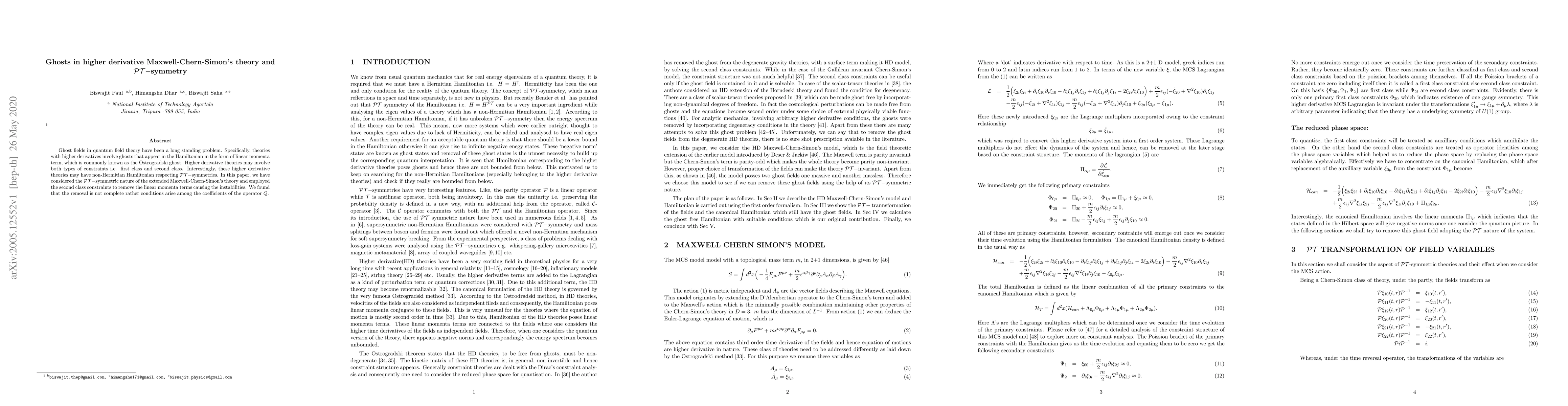 Thumbnail for Ghosts in higher derivative Maxwell-Chern-Simon's theory and
  $\mathcal{PT}-$symmetry