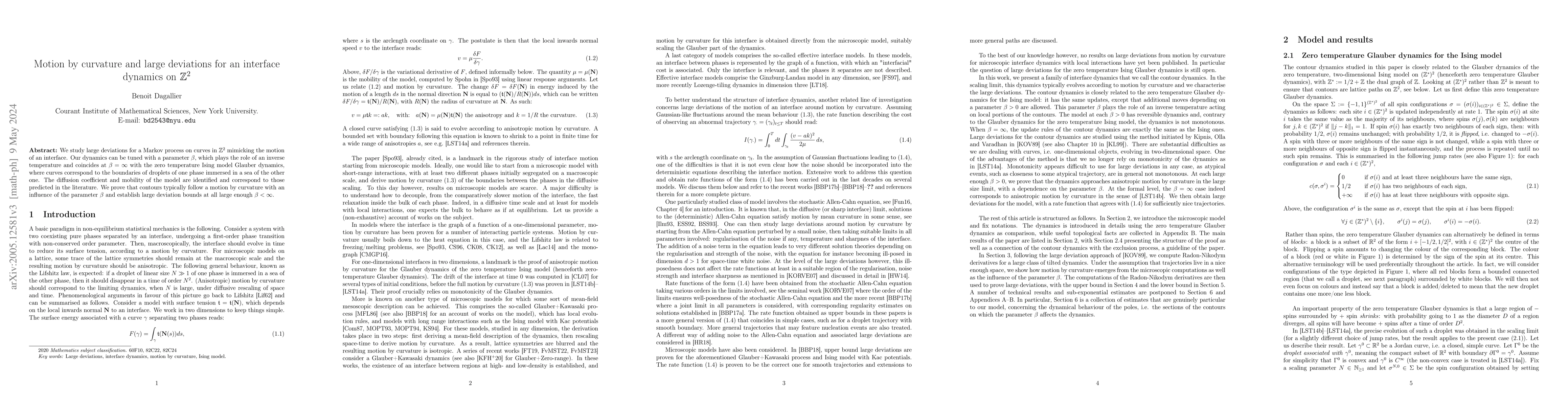 Thumbnail for Motion by curvature and large deviations for an interface dynamics on
  $\mathbb{Z}^2$